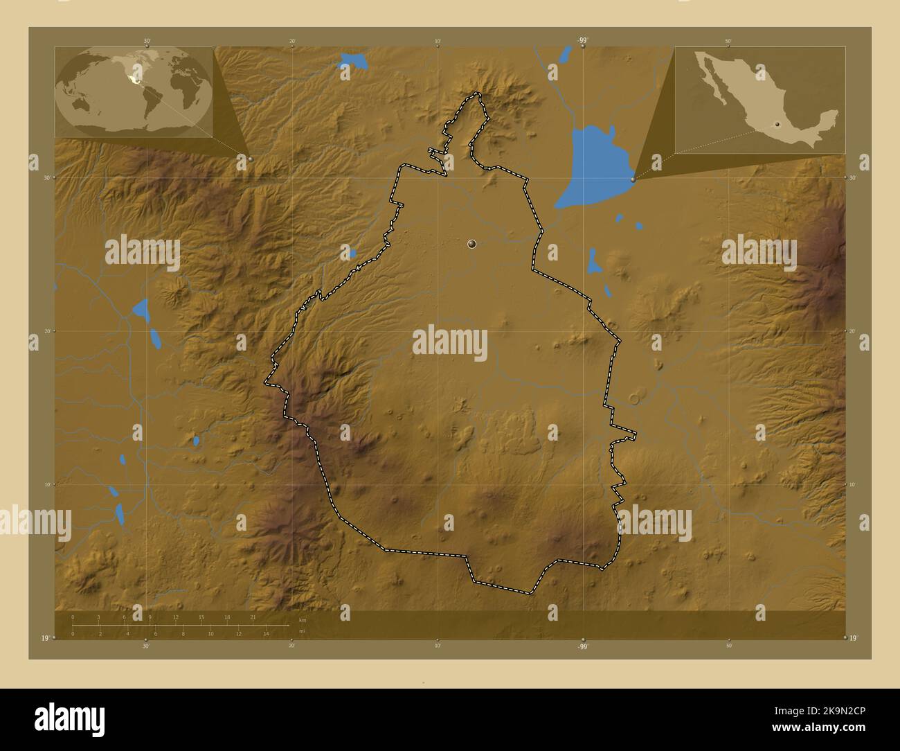 Ciudad de Mexico, city of Mexico. Colored elevation map with lakes and