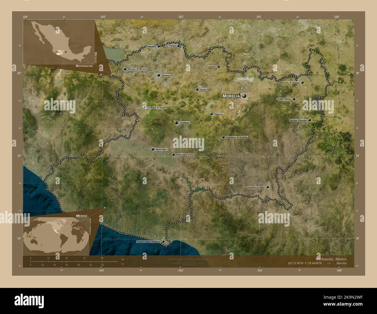 Michoacan, state of Mexico. Low resolution satellite map. Locations and names of major cities of the region. Corner auxiliary location maps Stock Photo