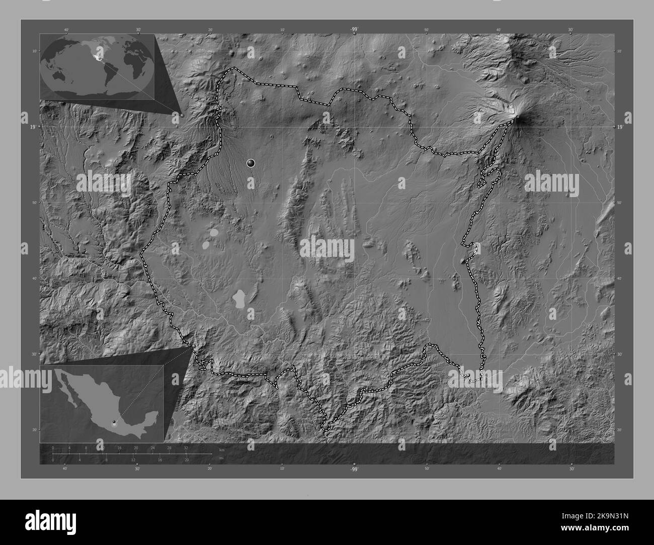 Morelos, state of Mexico. Bilevel elevation map with lakes and rivers