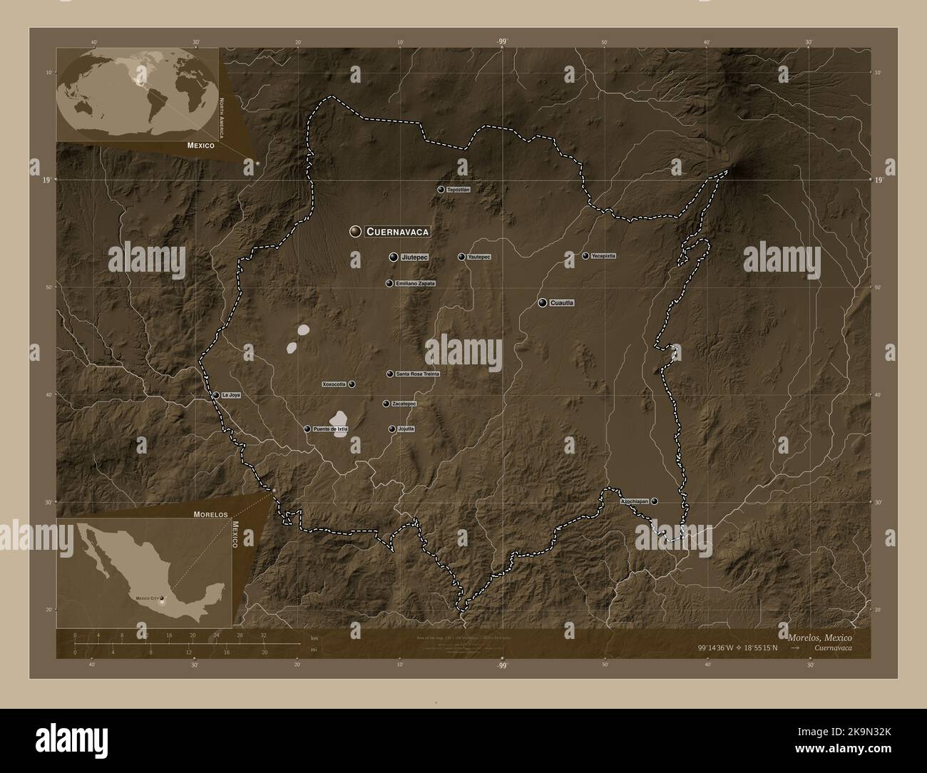 Morelos, state of Mexico. Elevation map colored in sepia tones with lakes and rivers. Locations