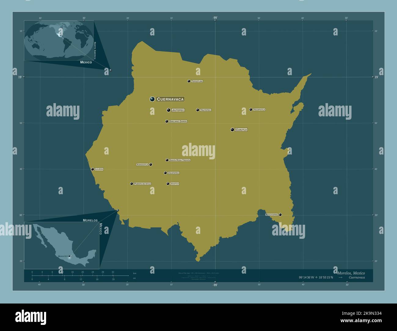 Morelos, state of Mexico. Solid color shape. Locations and names of major cities of the region