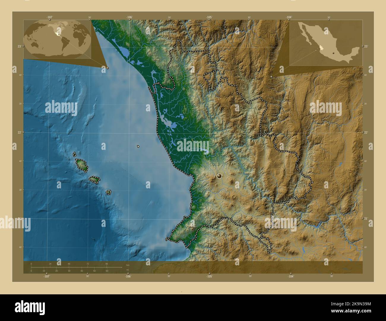 Nayarit, state of Mexico. Colored elevation map with lakes and rivers 