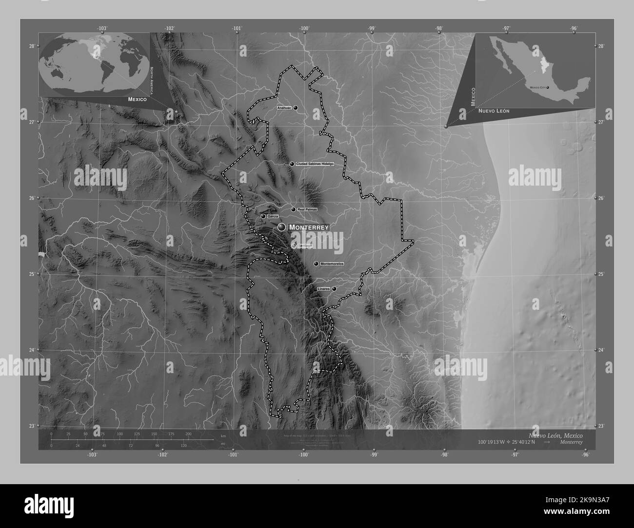 Nuevo Leon, state of Mexico. Grayscale elevation map with lakes and