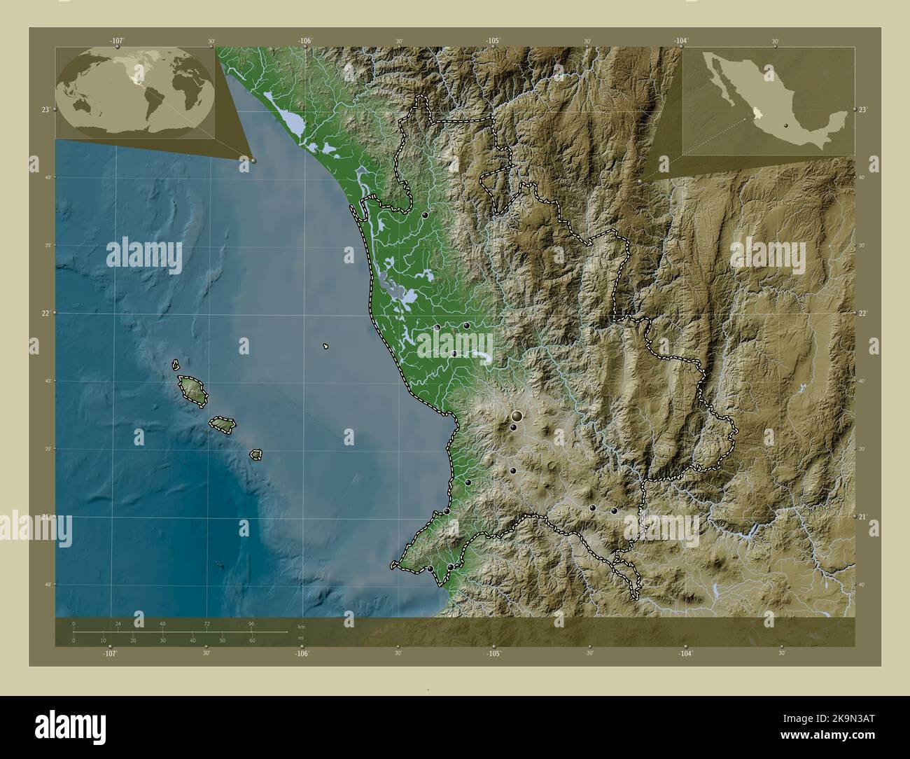 Nayarit, state of Mexico. Elevation map colored in wiki style with