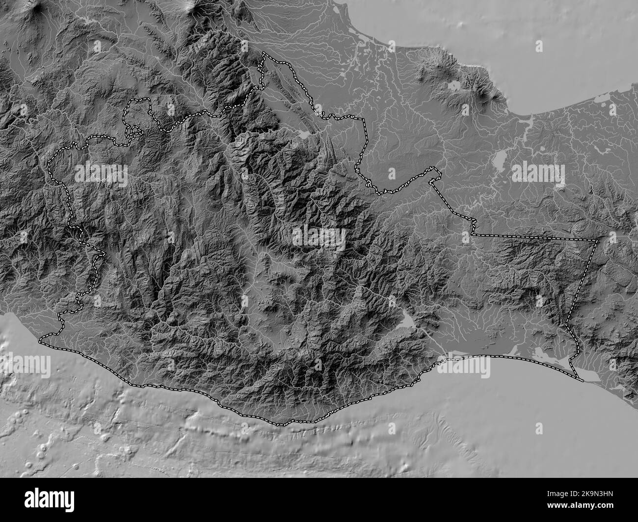 Oaxaca, state of Mexico. Bilevel elevation map with lakes and rivers Stock Photo