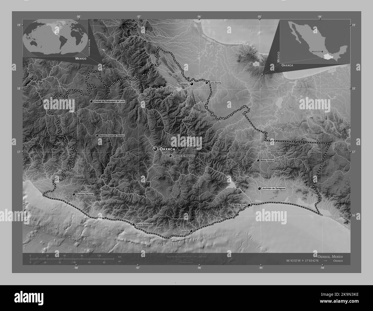 Oaxaca, state of Mexico. Grayscale elevation map with lakes and rivers. Locations and names of major cities of the region. Corner auxiliary location m Stock Photo