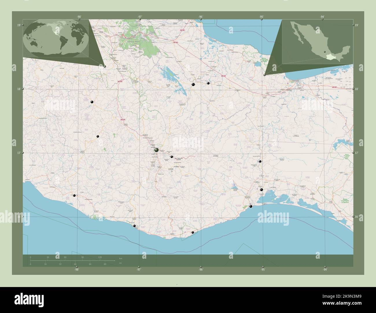 Oaxaca, state of Mexico. Open Street Map. Locations of major cities of