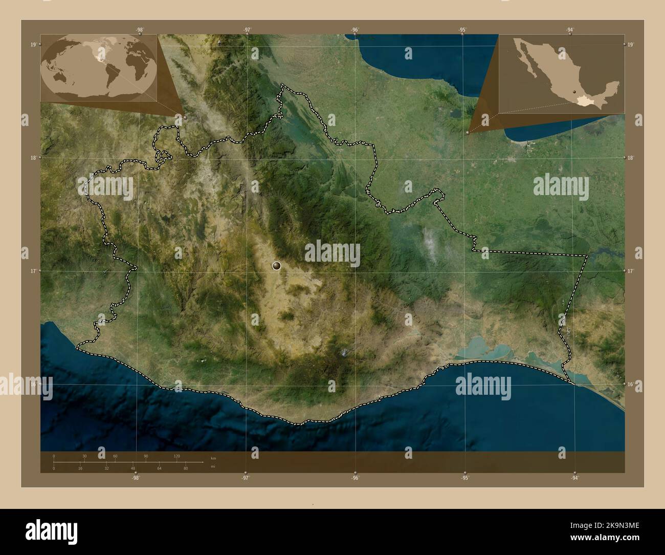 Oaxaca, state of Mexico. Low resolution satellite map. Corner auxiliary location maps Stock Photo