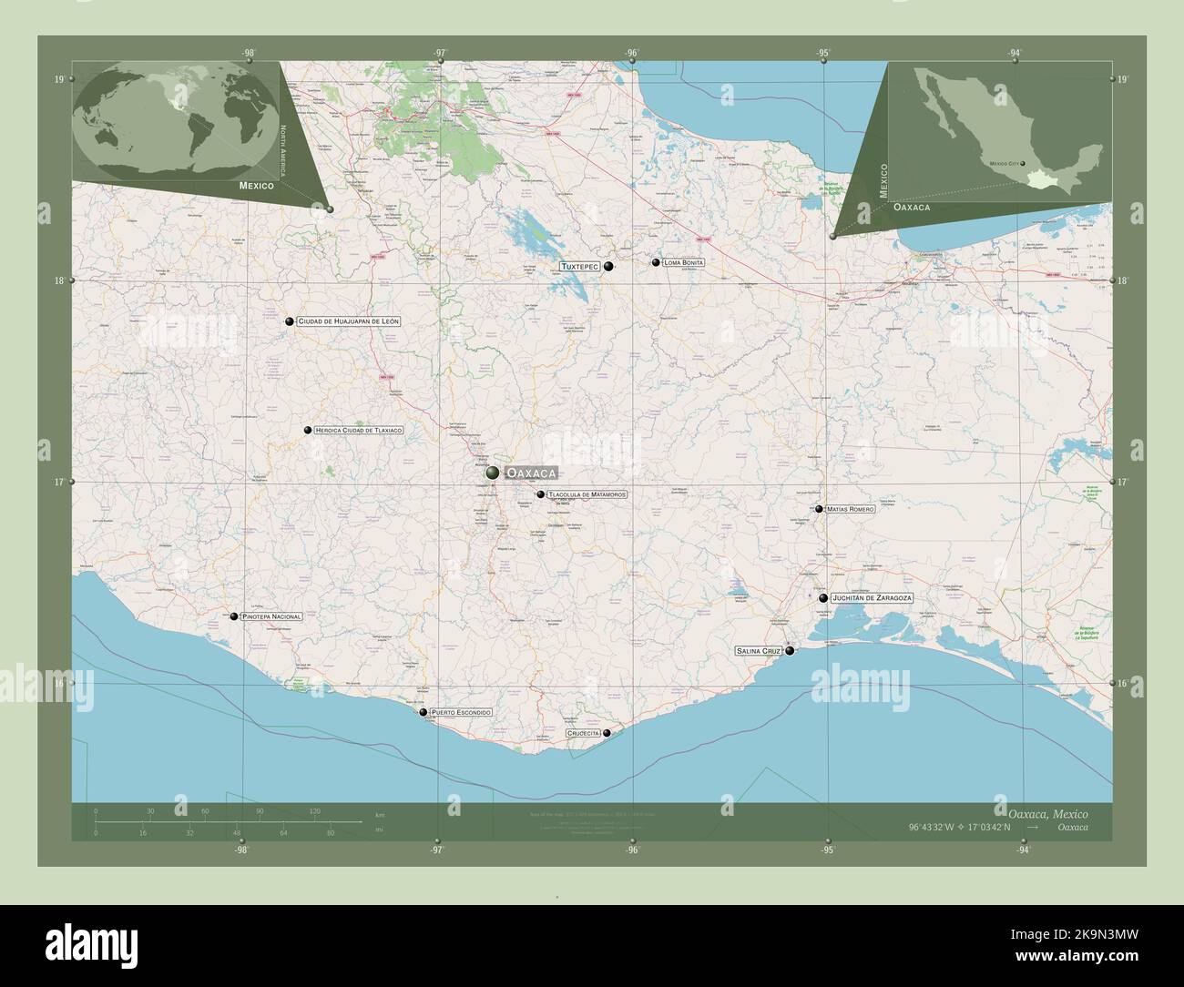 Oaxaca, state of Mexico. Open Street Map. Locations and names of major cities of the region. Corner auxiliary location maps Stock Photo