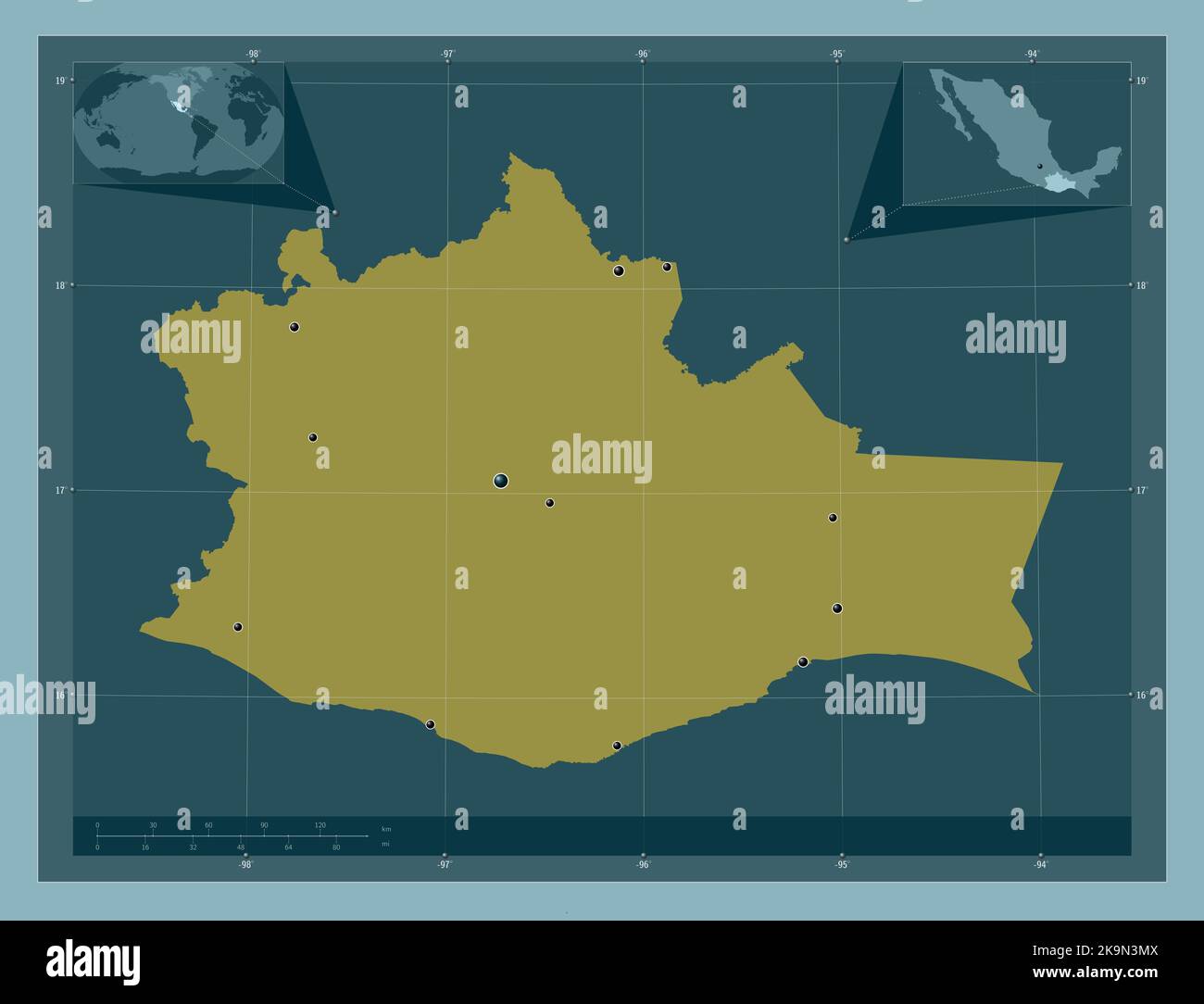 Oaxaca, state of Mexico. Solid color shape. Locations of major cities of the region. Corner