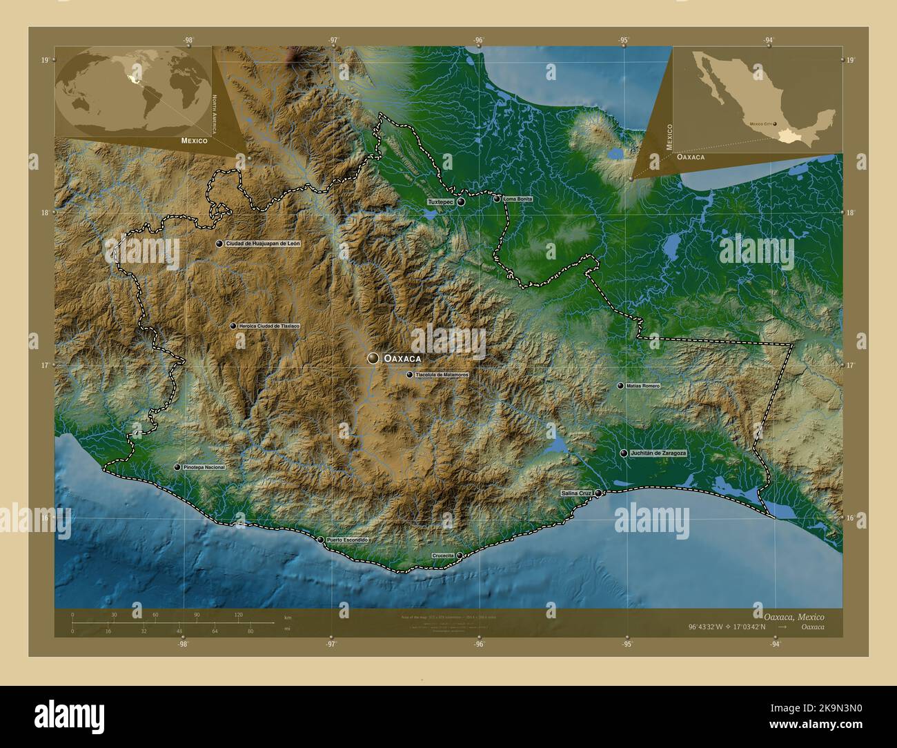 Oaxaca, state of Mexico. Colored elevation map with lakes and rivers