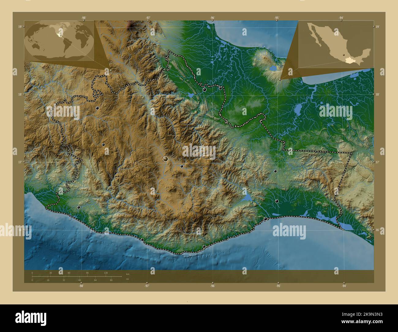 Oaxaca, state of Mexico. Colored elevation map with lakes and rivers. Locations of major cities of the region. Corner auxiliary location maps Stock Photo