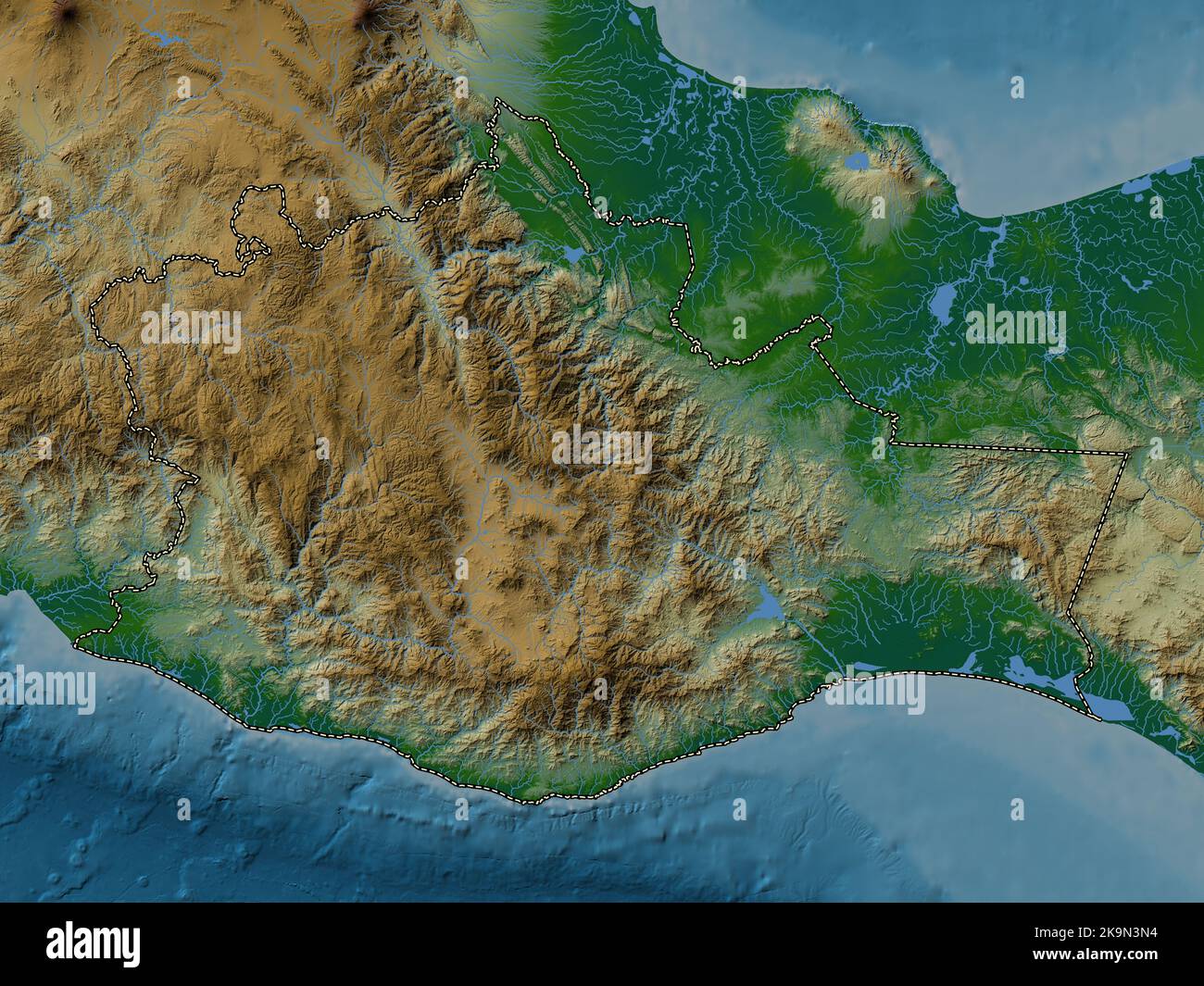 Oaxaca, state of Mexico. Colored elevation map with lakes and rivers Stock Photo