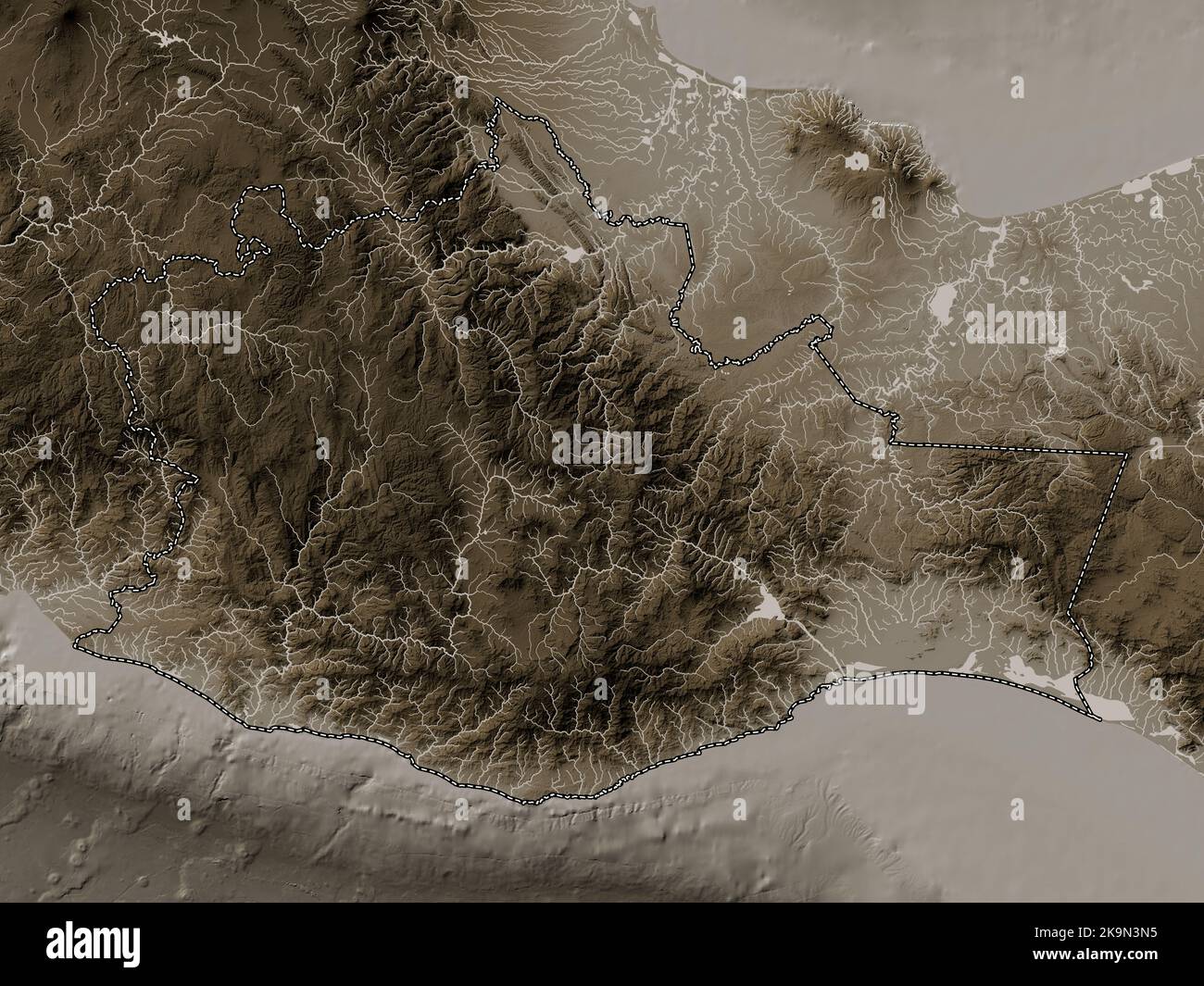 Oaxaca, state of Mexico. Elevation map colored in sepia tones with lakes and rivers Stock Photo