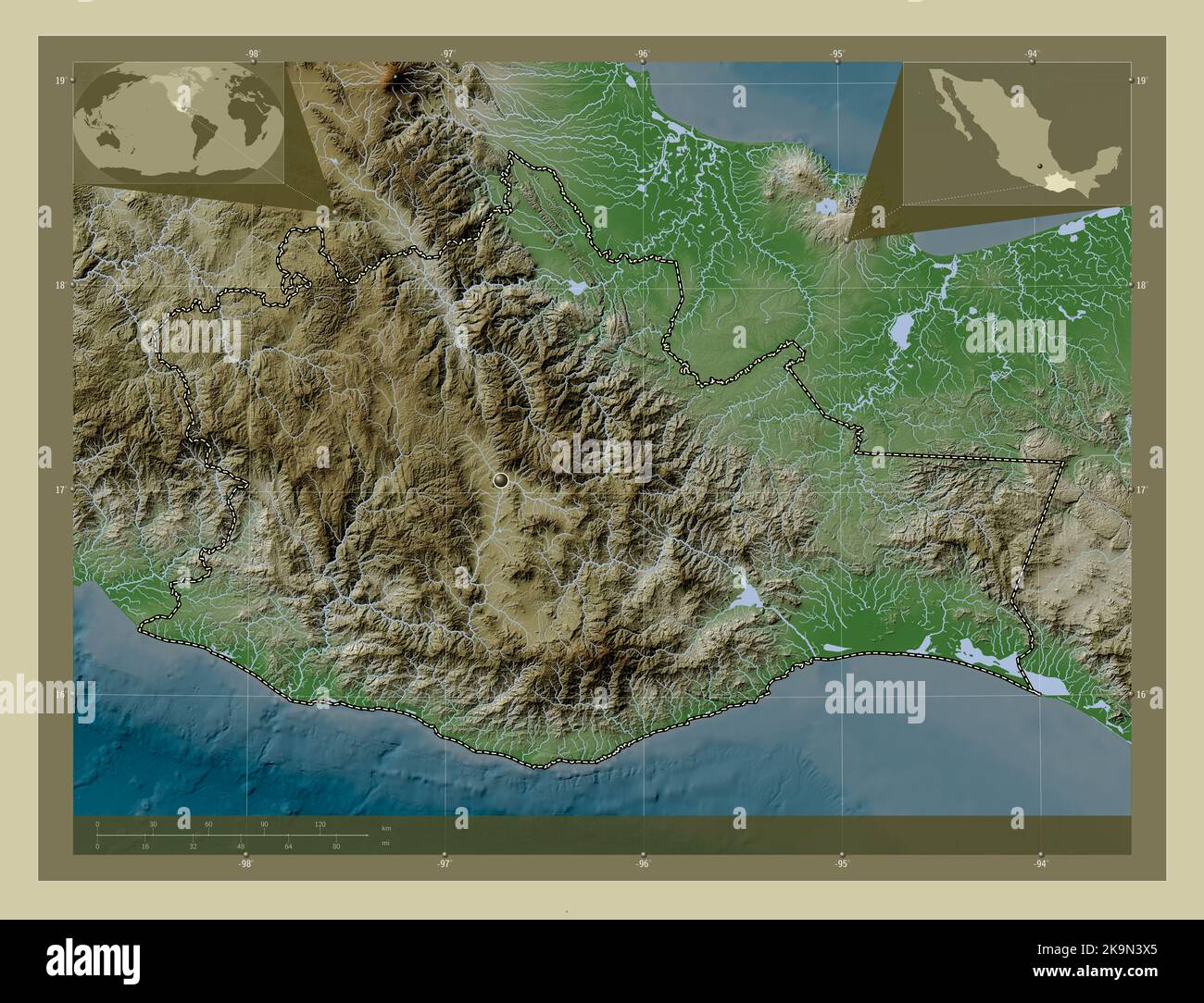Oaxaca, state of Mexico. Elevation map colored in wiki style with lakes and rivers. Corner