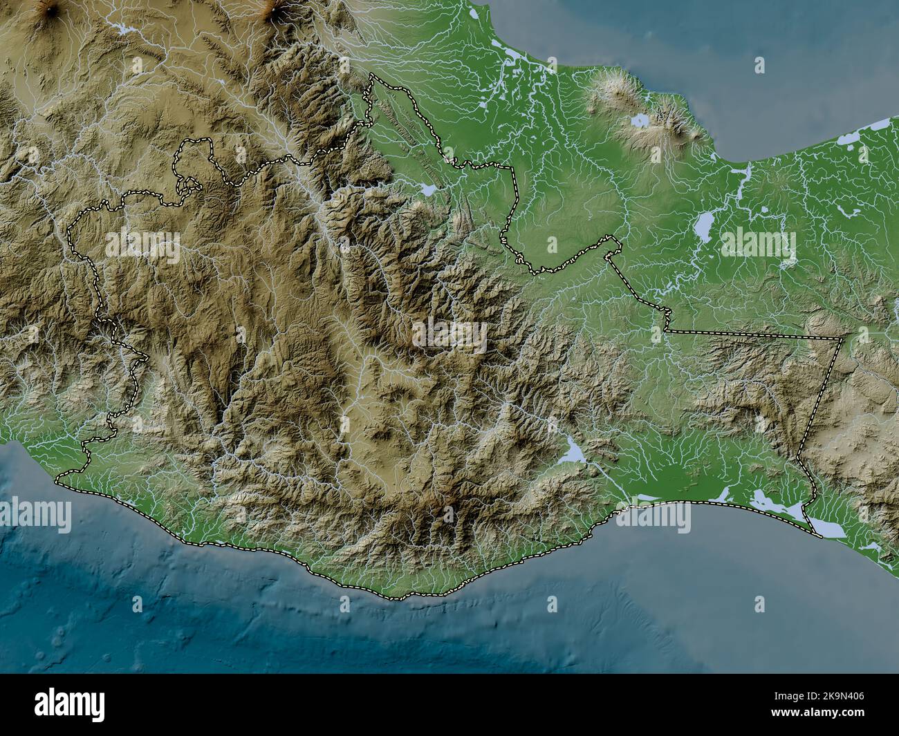 Oaxaca, state of Mexico. Elevation map colored in wiki style with lakes and rivers Stock Photo