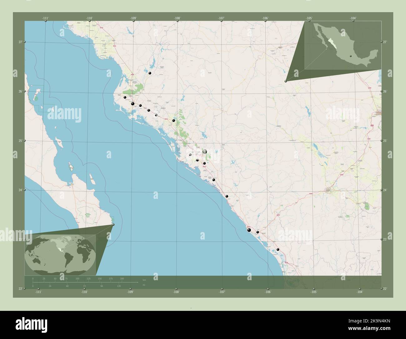 Sinaloa, state of Mexico. Open Street Map. Locations of major cities of