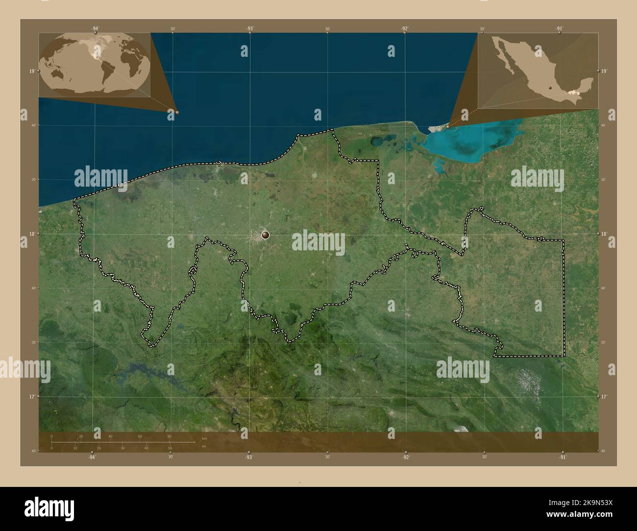 Tabasco, state of Mexico. Low resolution satellite map. Corner