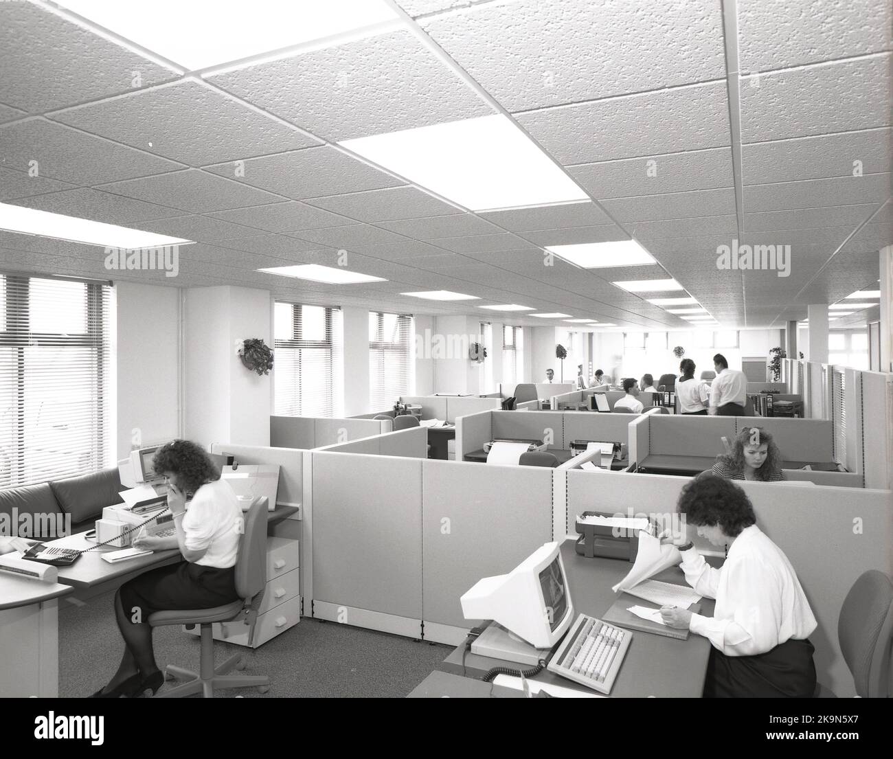 Late 1980s, historical, two female employees working at desks in a shared cubicle, with other shared cubicles on the office floor, in a working set-up common in this era, England, UK. Seen in the picture, personal computers, including an IBM. Stock Photo