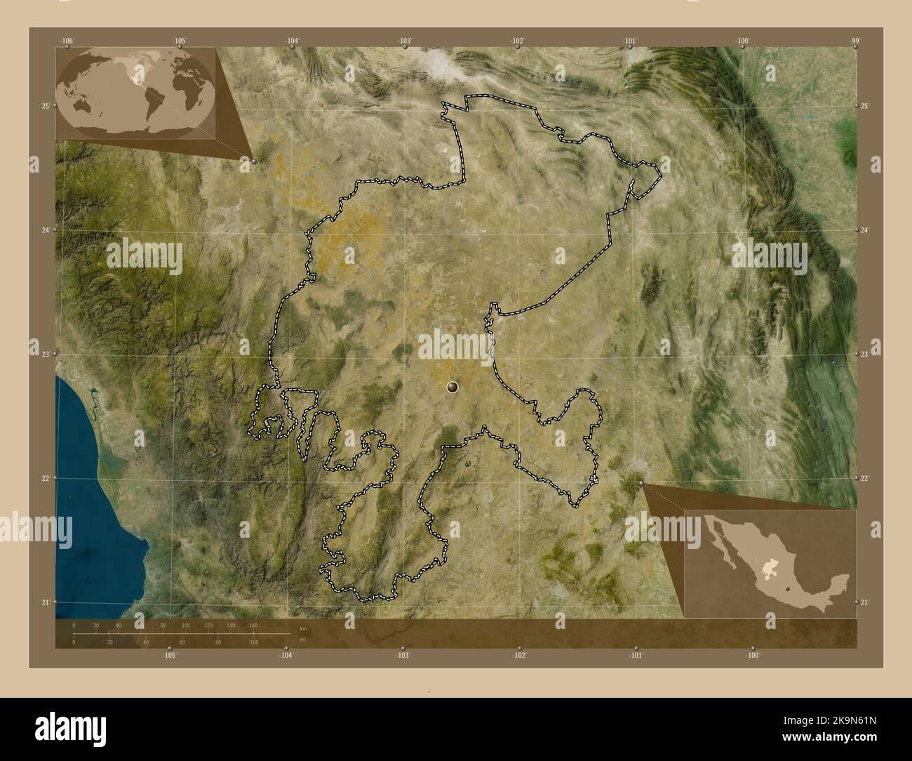 Zacatecas, state of Mexico. Low resolution satellite map. Corner