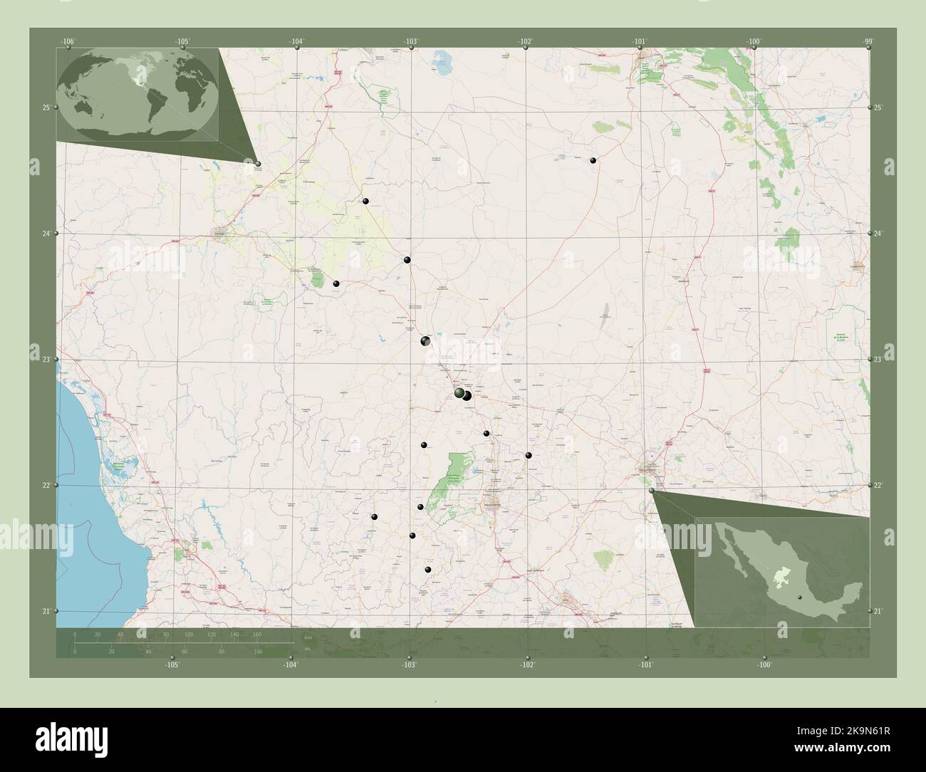 Zacatecas, state of Mexico. Open Street Map. Locations of major cities