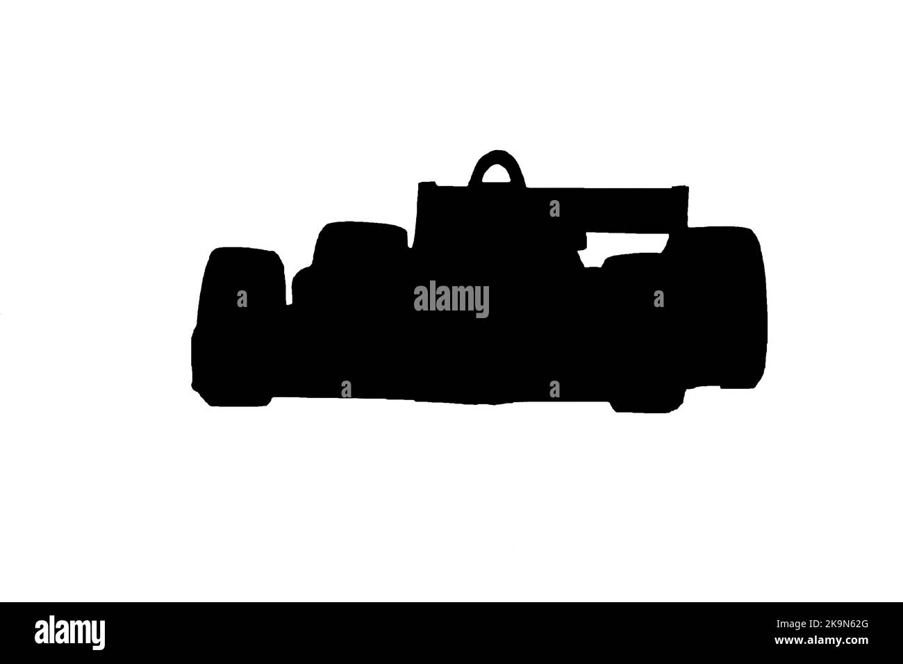 silhouette black and white cutout of a formula racing type car. Open wheels, wing and roll bar. Stock Vector