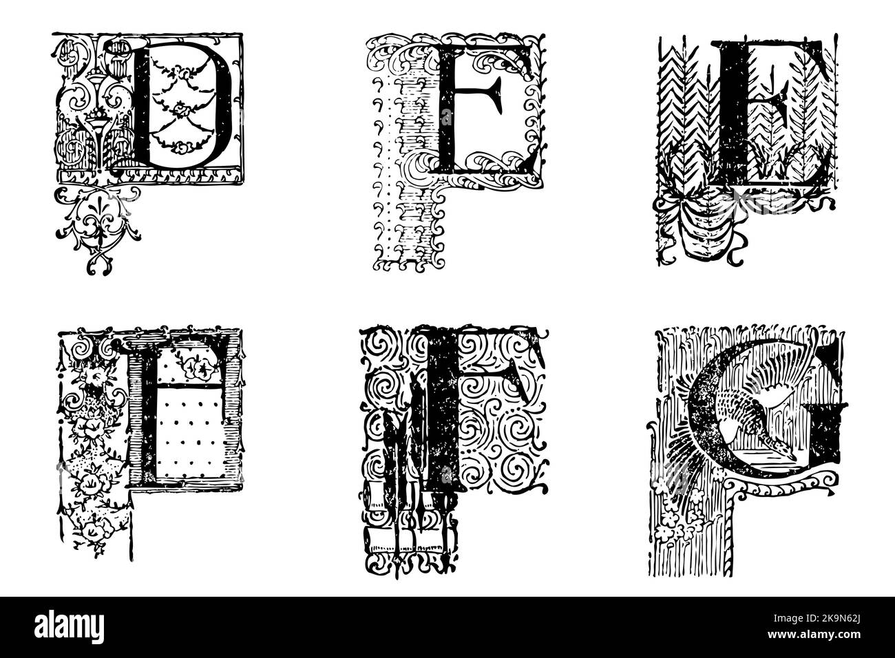 Illuminated Letters D E F G Stock Vector