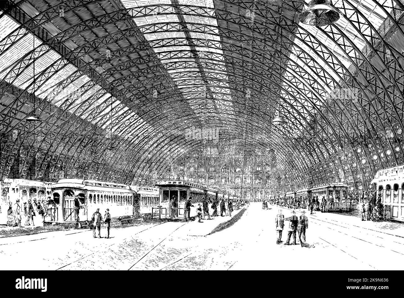 Grand Central Depot New York interior platforms with trains, 1872 illustration line art Stock Vector