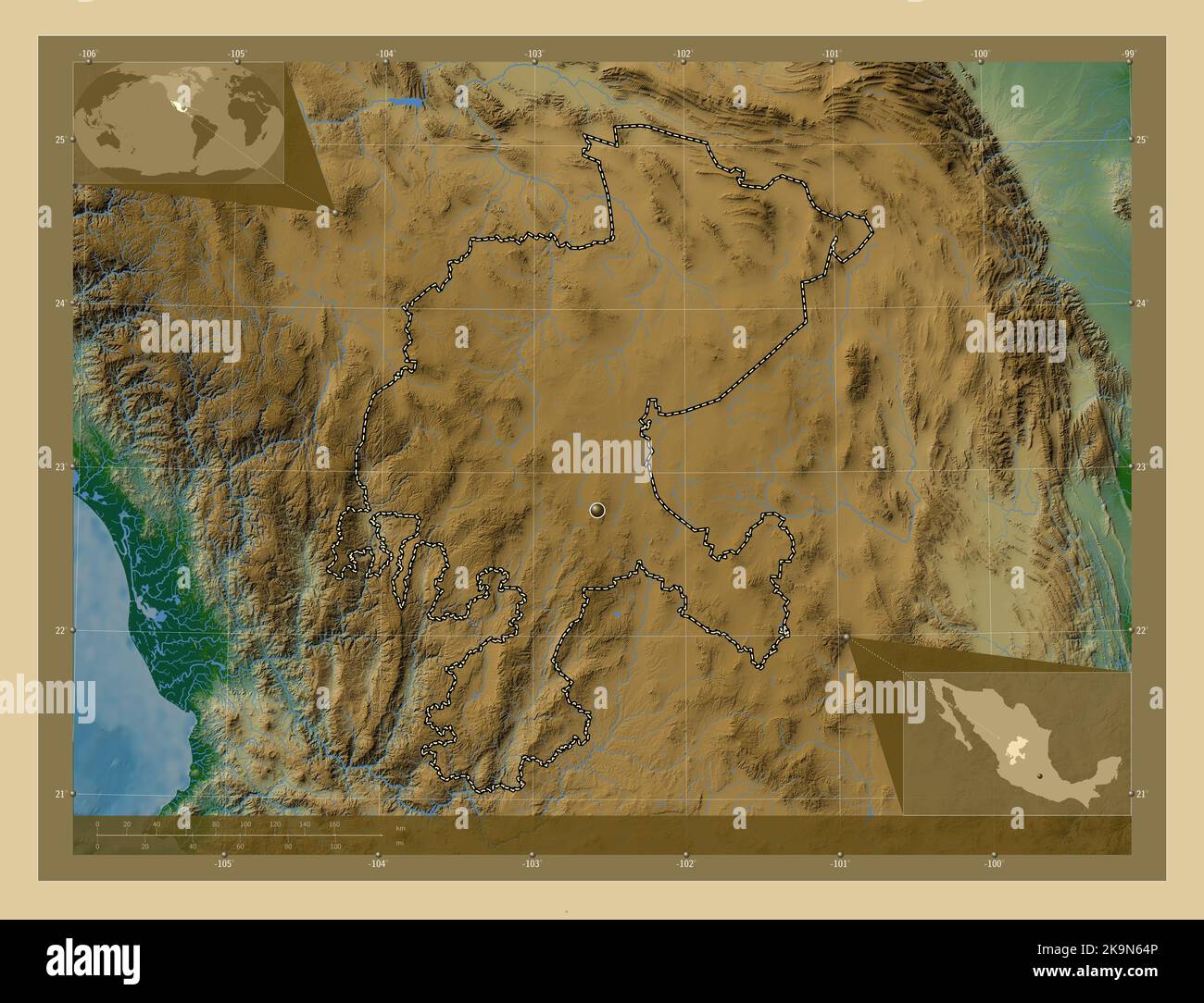 Zacatecas, state of Mexico. Colored elevation map with lakes and rivers