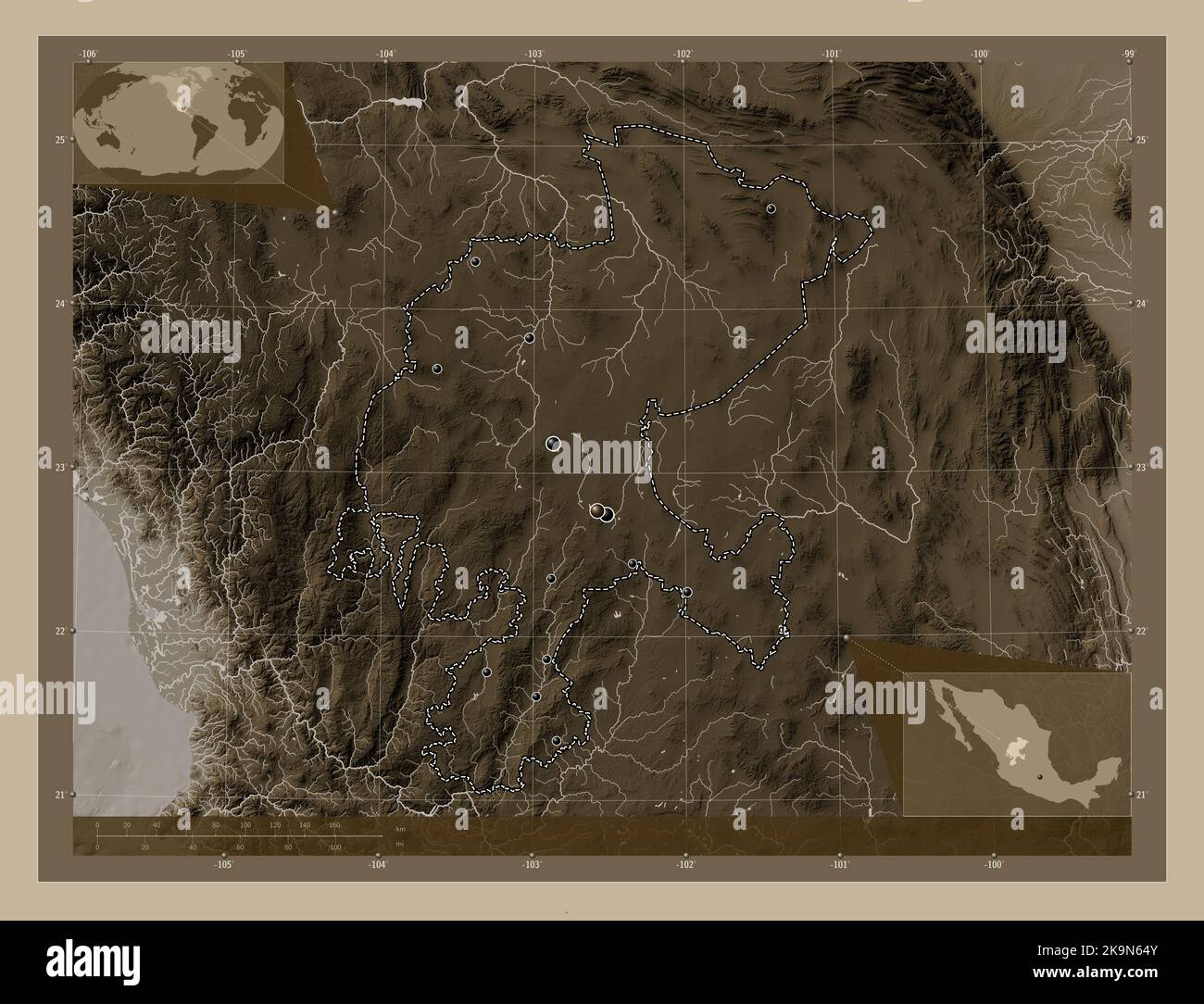 Zacatecas, state of Mexico. Elevation map colored in sepia tones with lakes and rivers. Locations of major cities of the region. Corner auxiliary loca Stock Photo
