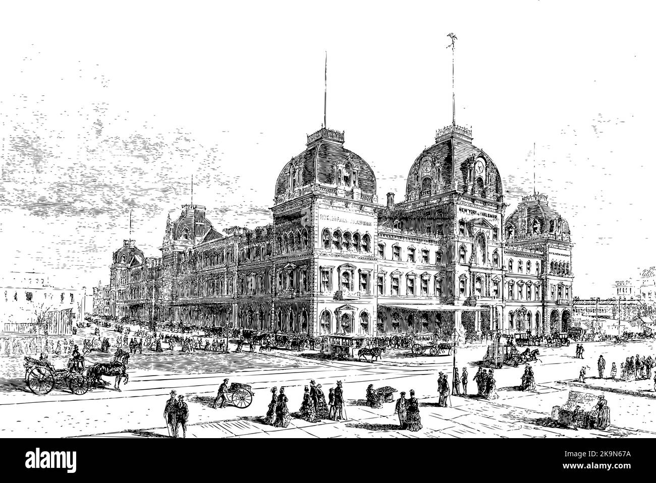 Grand Central Depot New York illustration 1872 street scene outside Stock Vector
