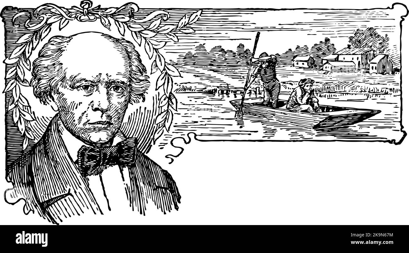 Man with large old fashion bow tie, balding, sorrounded by wreath of leaves. village on the river with a man polling a small punt boat, another man si Stock Vector