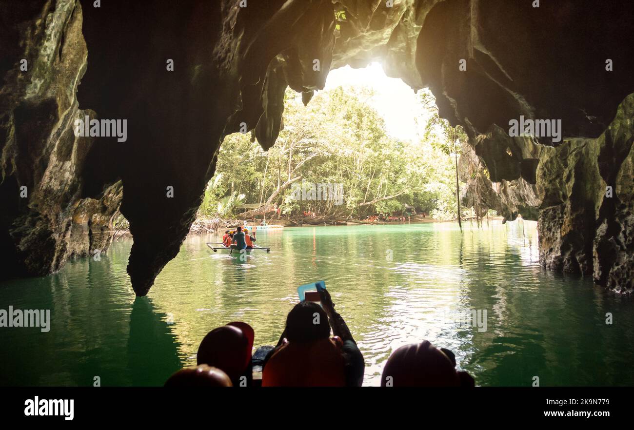 Inside view point of Puerto Princesa Palawan subterranean underground river at exit side - Adventurous exclusive Philippines destinations Stock Photo