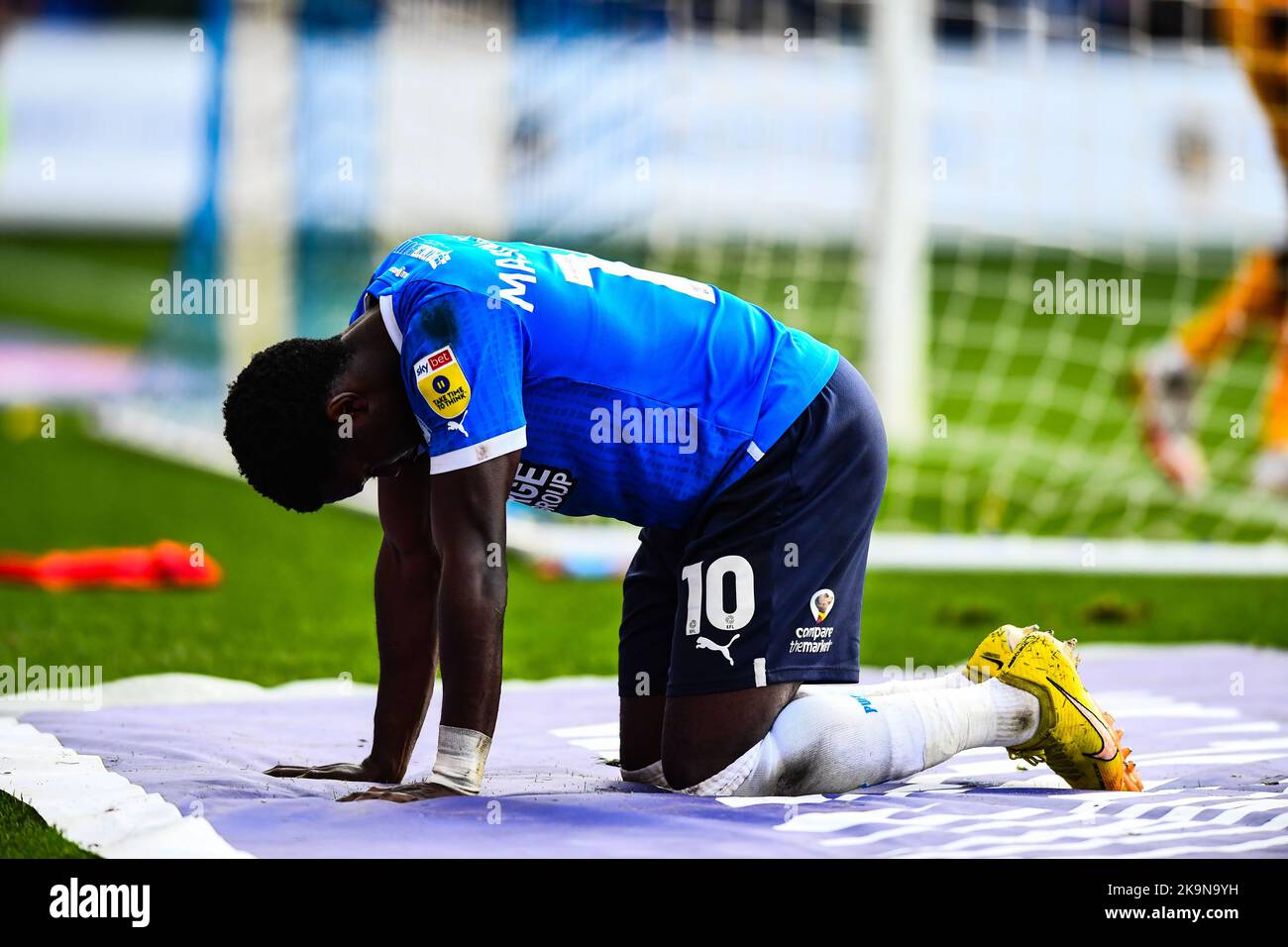 Ephron Mason Clarke (10 Peterborough United) on ground after close miss during the Sky Bet League 1 match between Peterborough and Cambridge United at London Road, Peterborough on Saturday 29th October 2022. (Credit: Kevin Hodgson | MI News) Credit: MI News & Sport /Alamy Live News Stock Photo