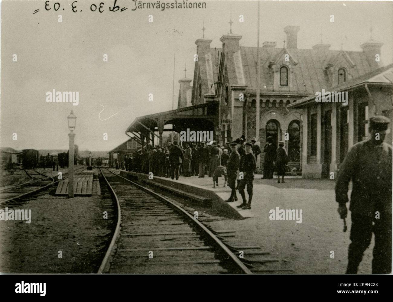 Arriving train from Ljusdal. One -storey station house in stone, rapped ...