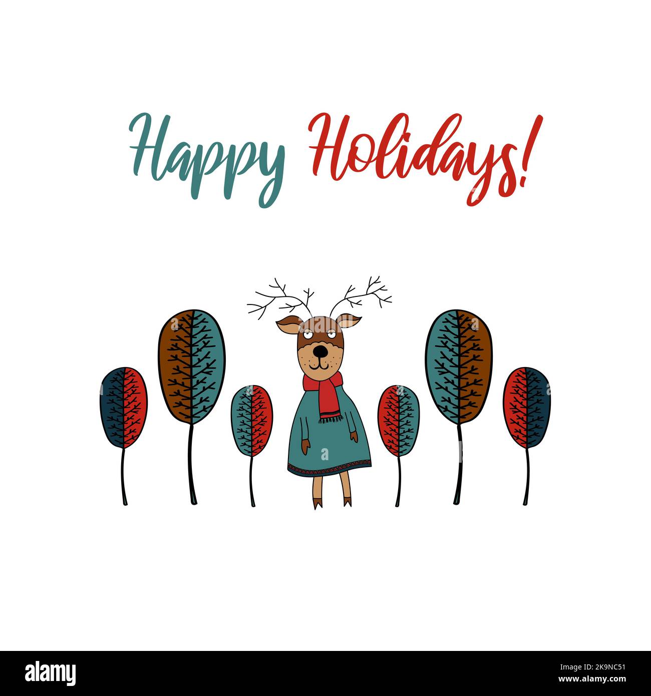 Colorful trees and a funny deer dressed in coat, scarf and cap. Cartoon style. Happy holidays card. Stock Vector