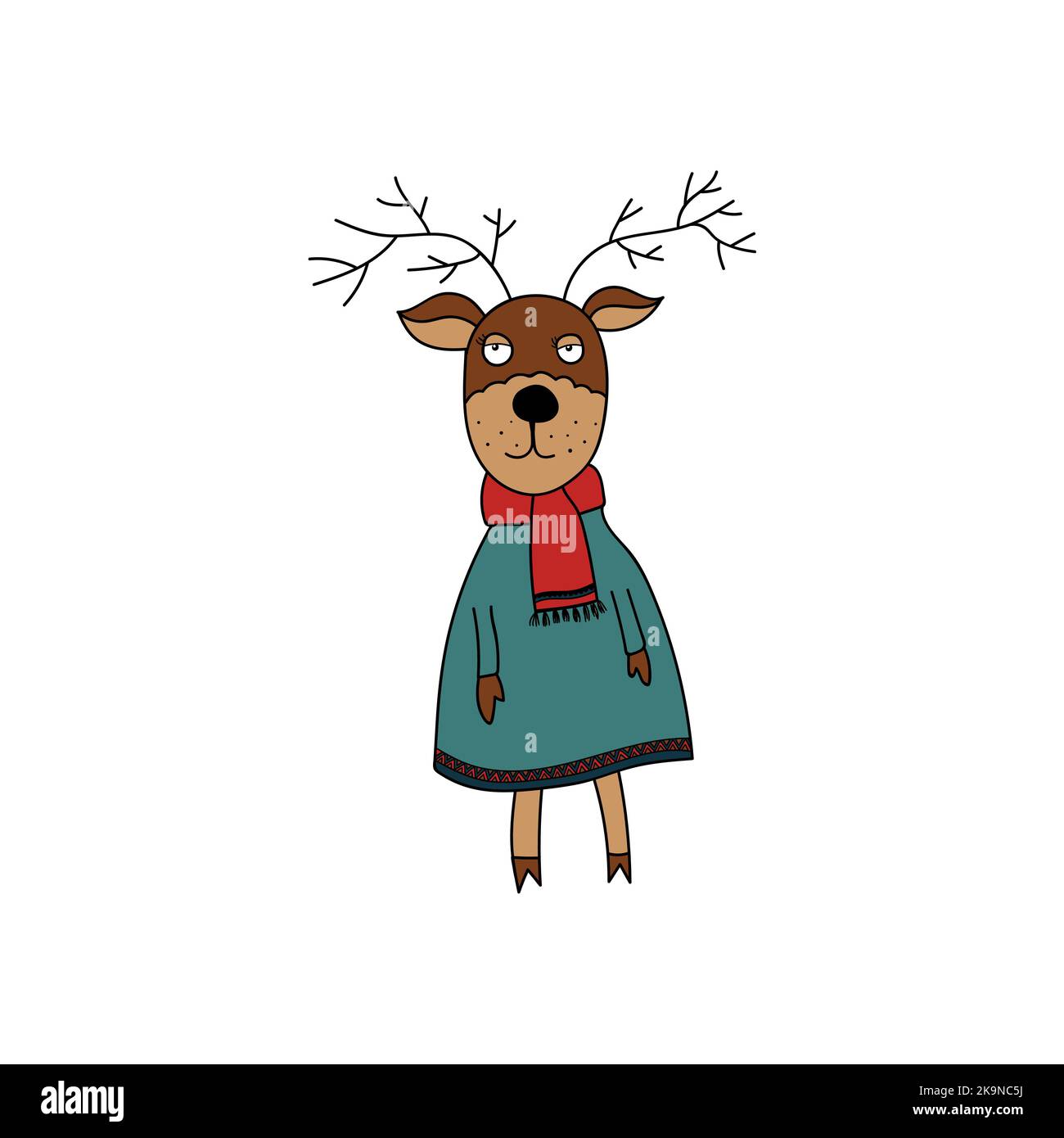 Funny animal. Cute deer dressed in coat, scarf and cap. Cartoon style. Vector illustration for coloring book, stickers, cards. Stock Vector