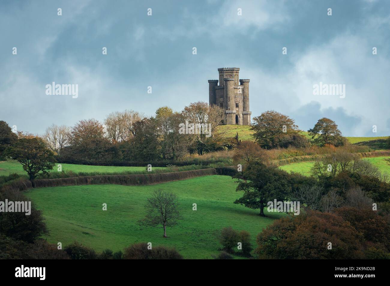 Paxton's Tower is a Neo-Gothic folly erected in honour of Lord Nelson. It is situated on the top of a hill near Llanarthney in the River Tywi valley Stock Photo