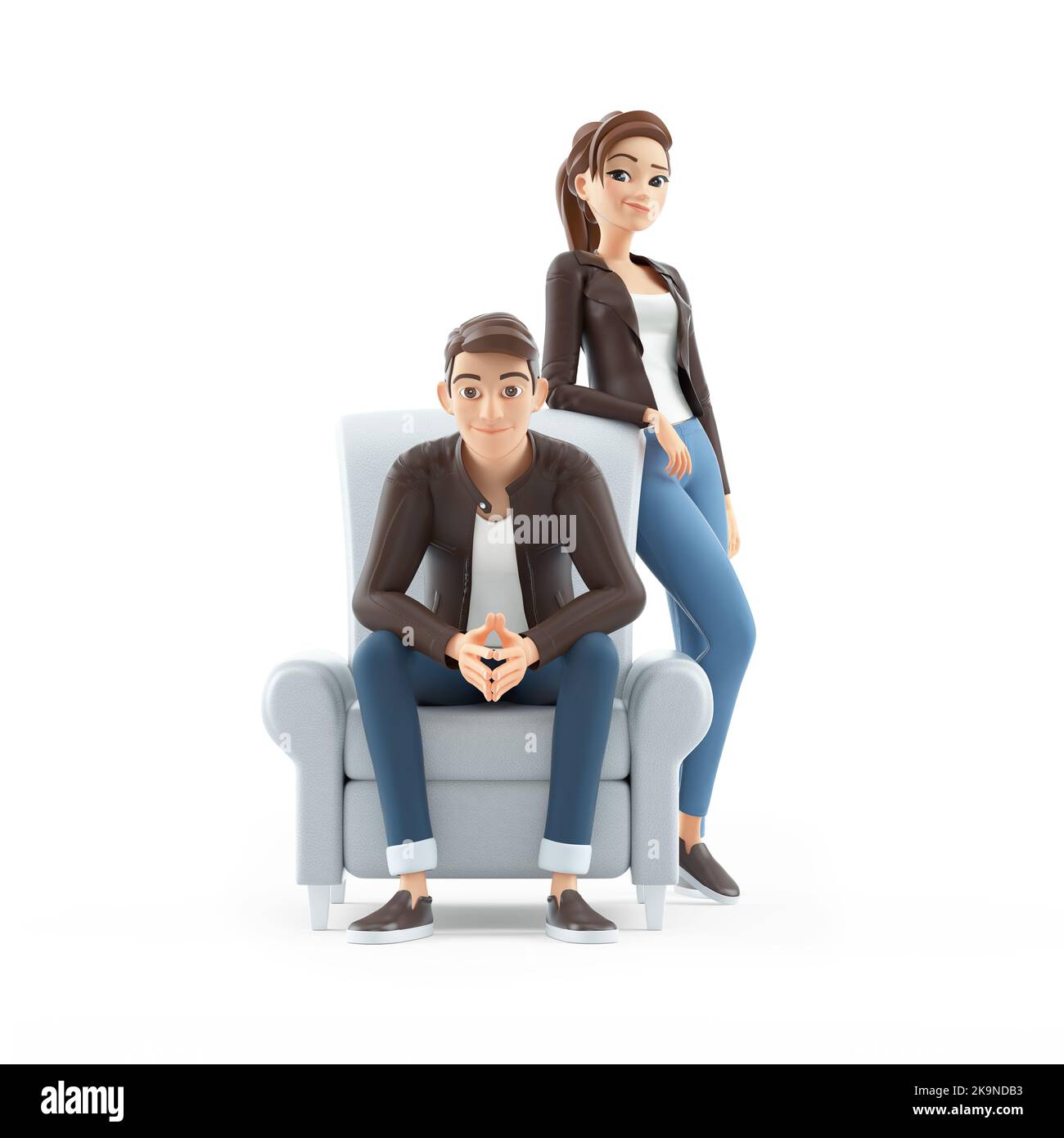 3d Cartoon Man Sitting In Armchair And Woman Standing Next To Him ...