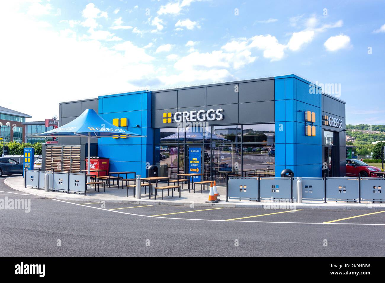Greggs Drive Thru bakery, Meadowhall Retail Park, Meadowhall, Sheffield, South Yorkshire, England, United Kingdom Stock Photo