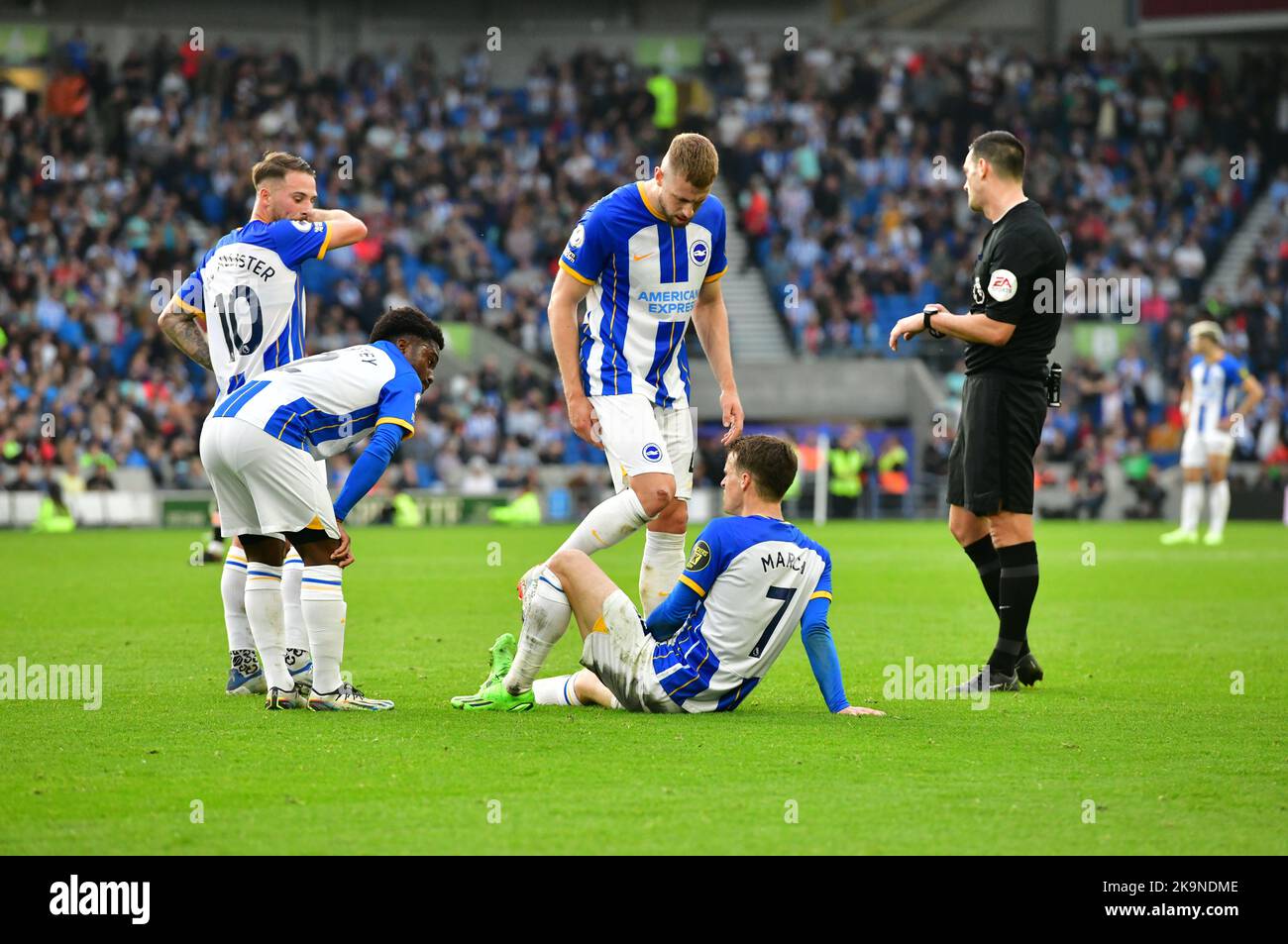 Brighton, UK. 29th Oct, 2022. Solly March of Brighton and Hove Albion goes to ground during the Premier League match between Brighton & Hove Albion and Chelsea at The Amex on October 29th 2022 in Brighton, England. (Photo by Jeff Mood/phcimages.com) Credit: PHC Images/Alamy Live News Stock Photo