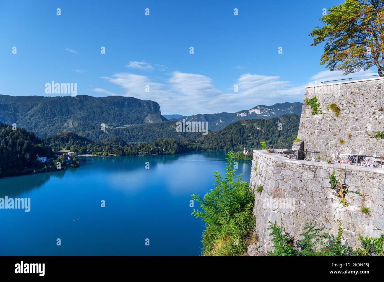 View over Lake Bled from Bled Castle, Lake Bled, Slovenia Stock Photo