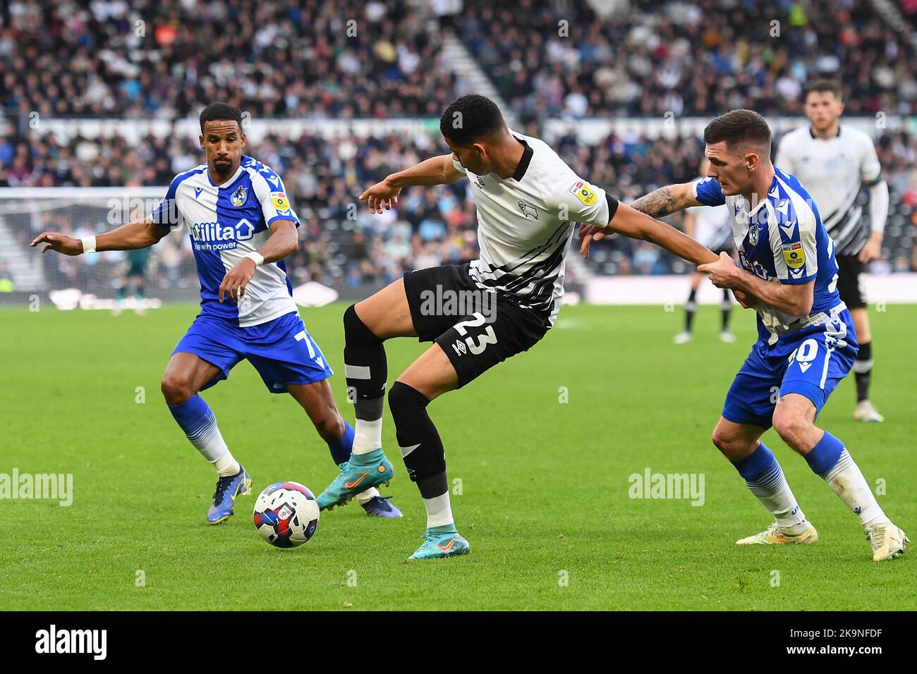William Osula of Serby County under pressure from Trevor Clarke of Bristol Rovers during the Sky Bet League 1 match between Derby County and Bristol Rovers at Pride Park, Derby on Saturday 29th October 2022. (Credit: Jon Hobley | MI News) Credit: MI News & Sport /Alamy Live News Stock Photo