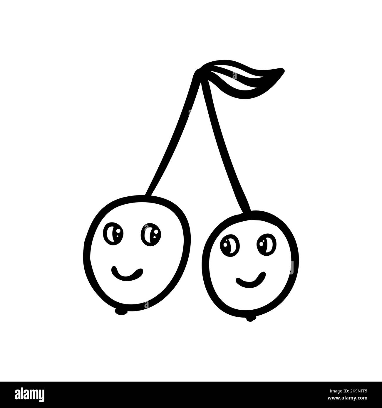 Funny cherries with eyes and smile. Vector illustration in cartoon style. Cherry twins. Coloring book element. Stock Vector