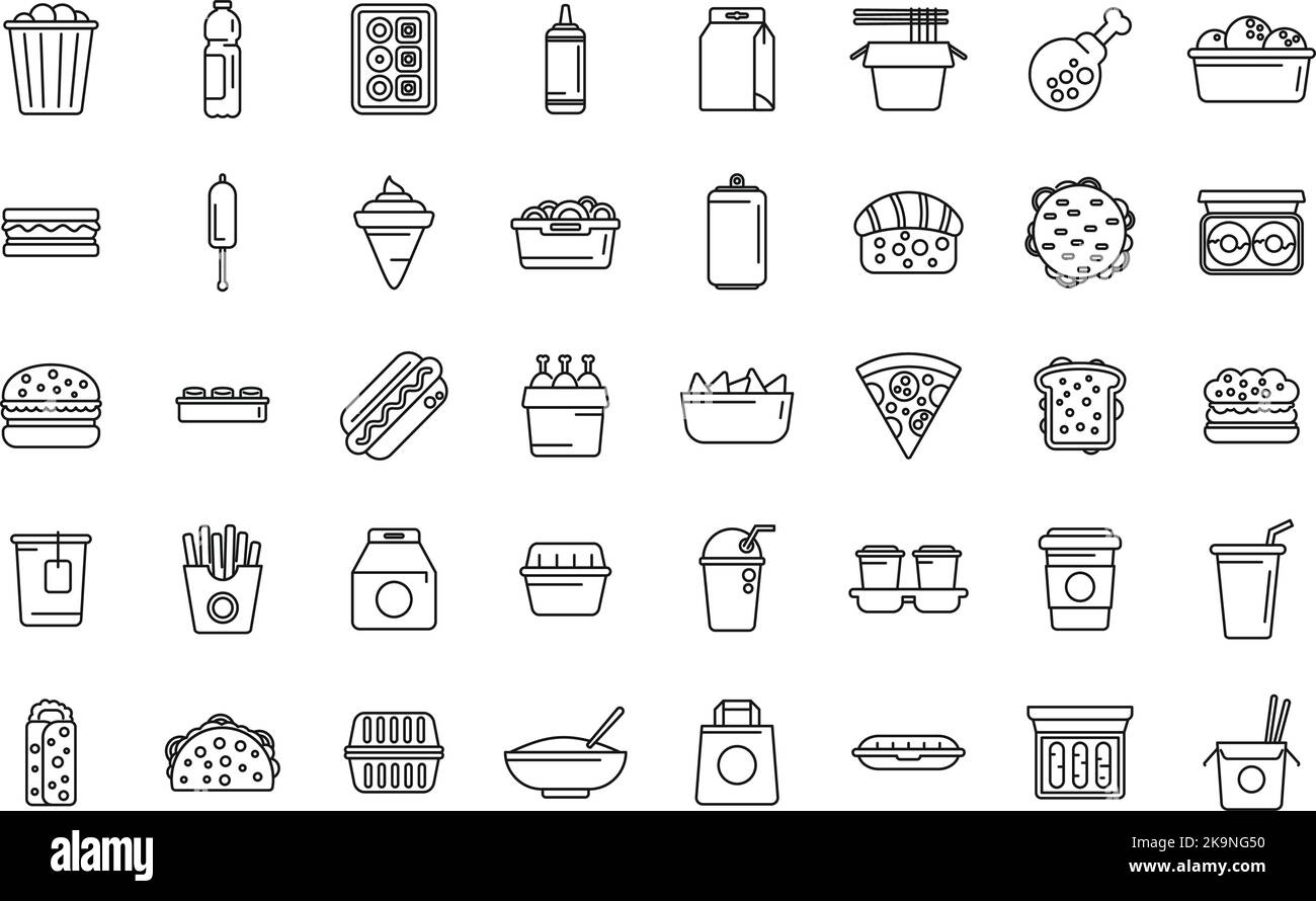 Take away food and drinks icons set outline vector. Burger cinema ...