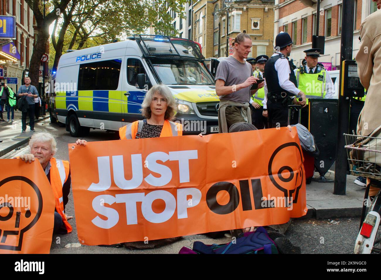 just stop oil protestors block charing cross road london on 29th october 2022 Stock Photo