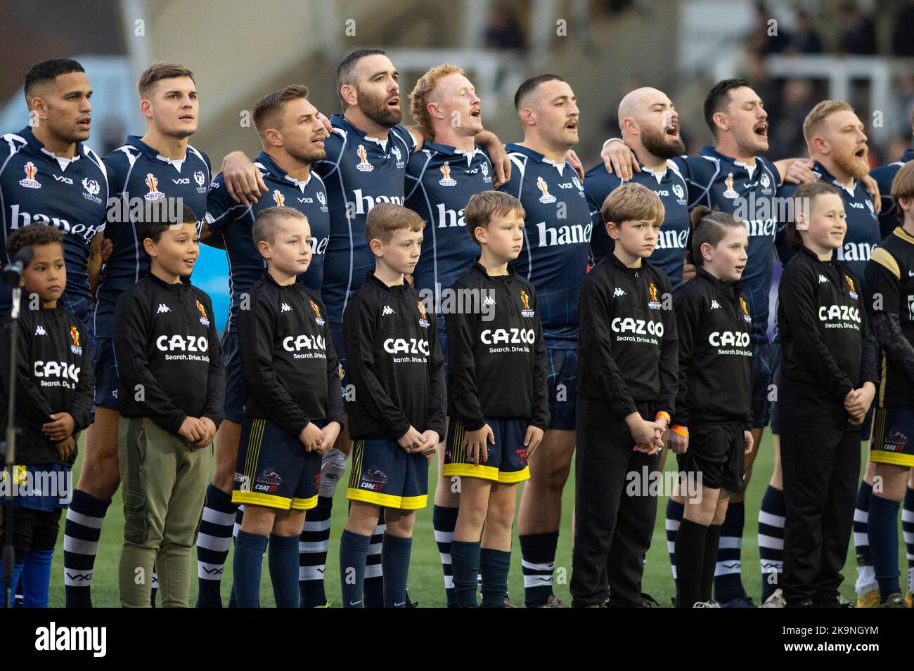 Scotland players during the national anthem at The 2021 Rugby League World Cup Pool B match between Fiji and Scotland at Kingston Park, Newcastle on Saturday 29th October 2022. (Credit: Trevor Wilkinson | MI News) Credit: MI News & Sport /Alamy Live News Stock Photo