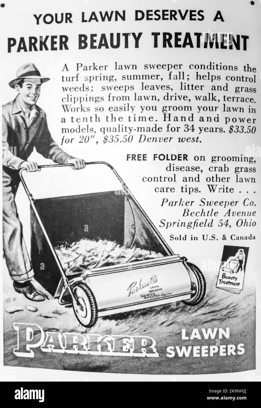 Parker lawn sweeper advert in NatGeo magazine, 1954 Stock Photo Alamy