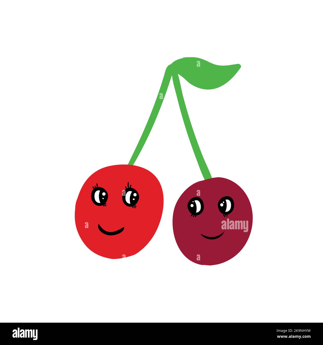 Expressive cute fruit illustration in cartoon style. Funny red cherries