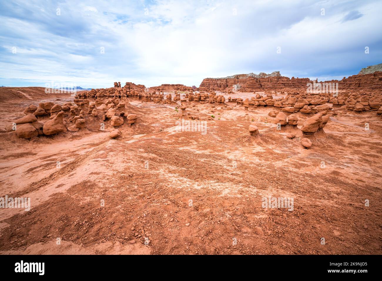 Wide angle view on hiking trail path at Goblin valley state park, Utah ...